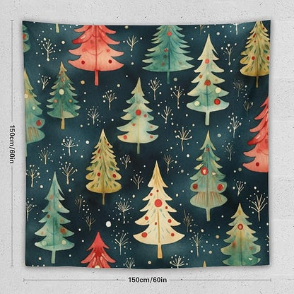 Tapestry Wall Hanging Vintage Christmas Tree Watercolor Tapestry Christmas Holiday Tapestry Aesthetic Wall Art Decor for Bedroom Living Room Dorm 60"x60" Tapestries Winter Snowflake Decorative