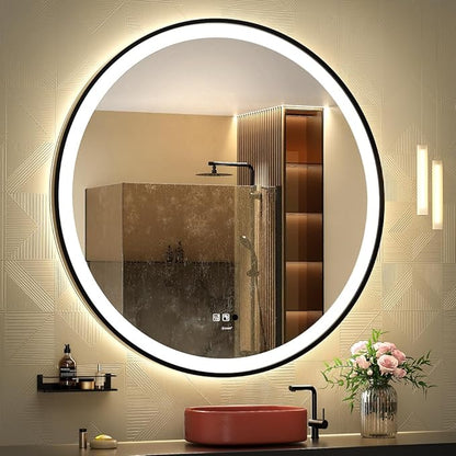 LED Sensor Mirror, Round Human Body Induction, Black Framed Vanity Mirror, Illuminated Dimmable Anti Fog IP44 Waterproof Wall Mounted Mirror (Human Sensor, 36"*36")