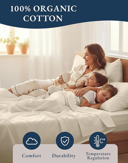 LANE LINEN 100% Organic Cotton Full Sheets Set, 4-Piece Pure Organic Cotton Percale Sheets, Long Staple Cotton Sheet, Ultra Soft Bedding Sheet, Breathable,Fits Mattress Upto 15" Deep - Natural
