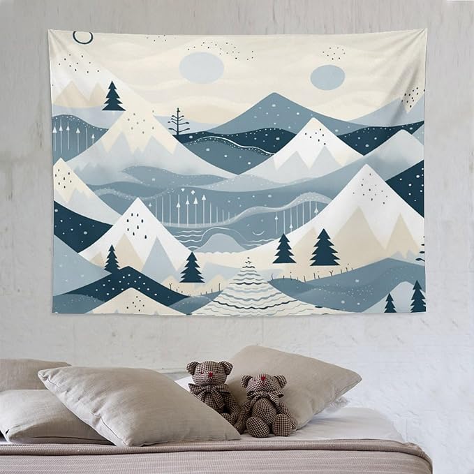 MaSiledy Snow Mountain Scandinavian Winter Wall Tapestries Hello Winter Holiday Tapestries for Bedroom Aesthetic Landscape Tapestry Wall Hanging for Bedroom Living Room Dorm 60"x80"