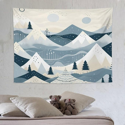 MaSiledy Snow Mountain Scandinavian Winter Wall Tapestries Hello Winter Holiday Tapestries for Bedroom Aesthetic Landscape Tapestry Wall Hanging for Bedroom Living Room Dorm 60"x80"