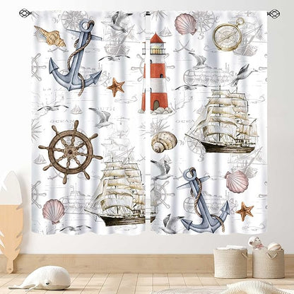 Nautical Kitchen Curtains, Vintage Marine Coastal Sailboat Compass Anchor Ocean Beach Lighthouse Watercolor Decorative Drapes for Bedroom Living Room Kitchen Bathroom Window 2 Panels Set, 84"x84" Inch