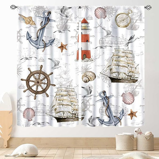 Nautical Kitchen Curtains, Vintage Marine Coastal Sailboat Compass Anchor Ocean Beach Lighthouse Watercolor Decorative Drapes for Bedroom Living Room Kitchen Bathroom Window 2 Panels Set, 42"x45" Inch