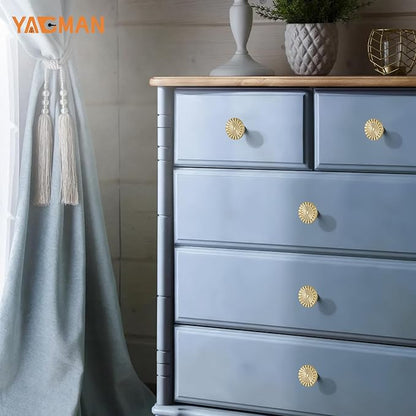 Brushed Gold Cabinet Knobs 10 Pack Round Sunflower Dresser Drawer Hardware Furniture Cupboard Handles for Bathroom Single Hole Knob Kitchen SH-BG-K10