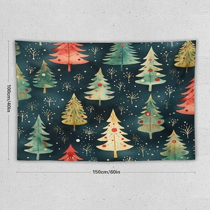 Vintage Christmas Tree Watercolor Tapestry As Wall Art Hello Winter Holiday Tapestry Vintage Aesthetic Tapestries Landscape Tapestry Home Decor for Room 40"x60" Tapestries Winter Snowflake Decorative