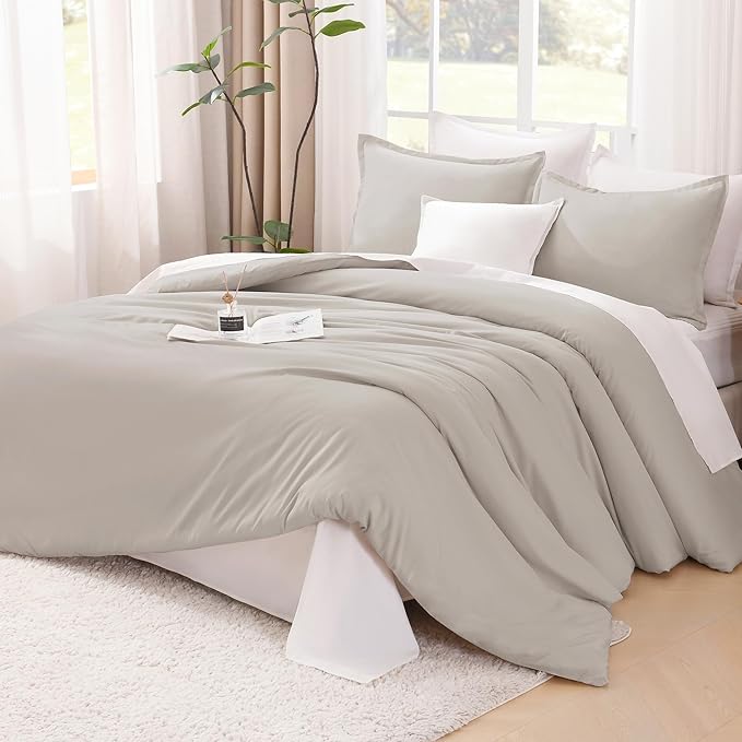 Litanika Linen Grey Comforter Set Full Size, 3 Pieces Lightweight Solid Bedding Comforter Set, All Season Fluffy Bed Set (79x90In Comforter & 2 Pillowcases)