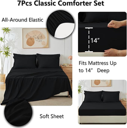 CozyLux Oversized Queen Comforter Set Black - 7 Pieces Bed in a Bag Comforter Set with Sheets, Luxury Soft Bed Set All Seasons, Bedding Set with Down Alternative Comforter, Sheets, Pillowcases & Shams