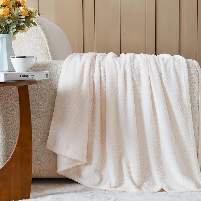 NEWCOSPLAY Super Soft Queen Blanket Ivory Premium Silky Flannel Fleece Leaves Pattern Lightweight Bed Blanket All Season Use (Ivory, Queen(90"x90"))