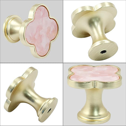 12 Pcs Four-Leaf Drawer Pulls Knobs, Gold Dresser Cabinet Knobs Pulls for Kitchen Cabinet Cupboard Door Furniture Decorative, Pink