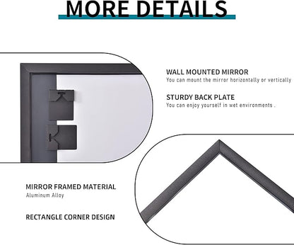 Black Bathroom Mirror for Wall, 36x48 Inch Rectangle Mirrors with Metal Frame, Modern Vanity Wall Mirror Decor for Entryway Hangs, Bathroom Living Room Horizontal or Vertical