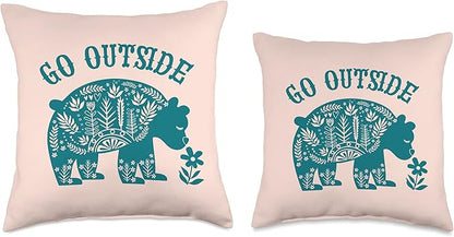 Go Outside Bear Scandinavian Folk Art Hiking Throw Pillow