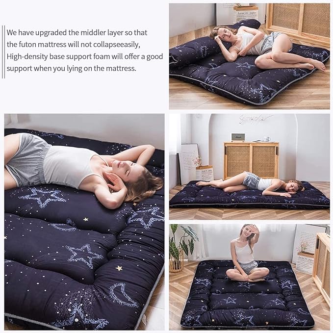 MAXYOYO Japanese Futon Mattress Floor Mattress Sleeping Pad Foldable Bed Roll Up Camping Cushion Floor Lounger Bed Couches and Sofas Couch Topper, Moon and Star, Full Size