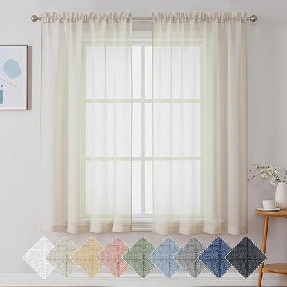 Aiyufeng Kirei Farmhouse Faux Linen Sheer Curtains 63 Inches Long, Light Filtering Solid Drapes for Window, 1 Pair Natural Linen Look Curtains Sheer for Bedroom (Set of 2, 40 by 63Inch, Natural)