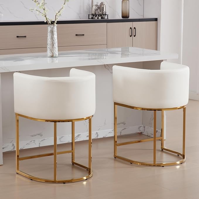 Modern Counter Height PU Leather Upholstered Bar Stools Set of 2, 24" Kitchen Counter Island Stools Bar Chairs with Gold Metal Frame, White