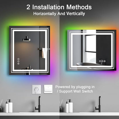 LED Mirror for Bathroom, 20"X28" with 8 RGB Backlit +3 Front Lit (Adjustable Individually), Anti-Fog, Lighted Bathroom Vanity Mirror for Wall, Shatterproof, Memory Function, Tempered Glass