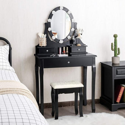 Giantex Vanity Set with Lighted Mirror, Makeup Table with 10 Rose Light, Modern Dressing Desk with Cushioned Stool, 3 Drawers and 360° Rotating Mirror for Bedroom, Vanity Table with Stool (Black)
