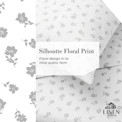 Linen Home 100% Cotton Printed Percale Sheets King Size, Deep Pocket, 4 Pieces Set - 1 Flat, 1 Deep Pocket Fitted Sheet and 2 Pillowcases, Crisp Cool and Strong Bed Linen, Grey Silhouette Floral
