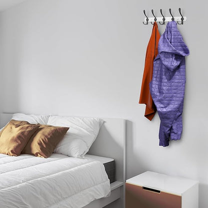 Coat Rack Wall Mount with 5 Tri Hooks, Stainless Steel 16 Inch – White & Black Matte Finish, Heavy Duty Wall Mounted Hook Rack for Coats, Hats, Towels, Scarves, Robes, Bags, Entryway & Bathroom