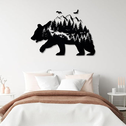 Metal Bear Wall Decor, Mountain And Forest Metal Wall Art, Nature Landscape Decor, Bear Wall Art, Metal Mountain Range, Scandinavian Decor, Large Metal Art Wall Decor, Housewarming Gift (23"x35"|58x90cm, Black)