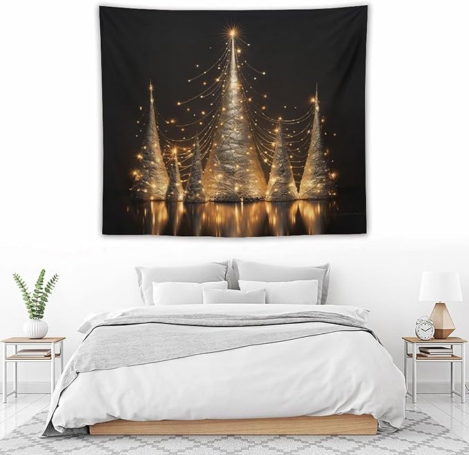 Silver Lighted Christmas Trees Tapastry's Wall Hanging Vintage Christmas Tapestries for Bedroom Landscape Tapestry Home Decoration for Living Room Bedroom 50"x60" Christmas Family Party