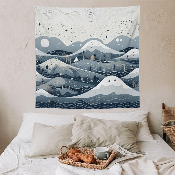 Snow Mountain Scandinavian Winter Tapestries Rustic Country Holiday Tapestries for Bedroom Aesthetic Landscape Tapestry Wall Art for Living Room Dorm 60"x60" Tapestries Winter Snowflake Decorative