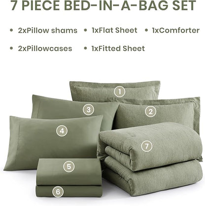 Monbix Oversized Queen Comforter Set - 7 Pieces Cationic Dyeing Sage Green Bed in a Bag Bedding Sets with Comforter, Sheets, Pillowcases & Shams, Reversible Bedding Comforters Sets