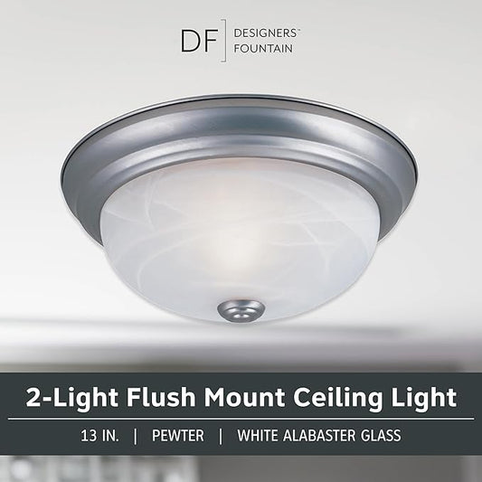 Designers Fountain 13 in 3-Light Flush Mount Ceiling Light, Pewter with Alabaster Glass Shade, 1257M-PW-AL