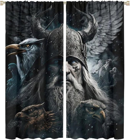 Fantasy Norse Viking Curtains for Bedroom - Cool Gothic Vintage Vikings Mystical Symbol Eagle Window Drapes,Energy Saving Thermal Insulated Rod Pocket Bedroom Blackout Curtains 2 Panels 63L x 27.5W