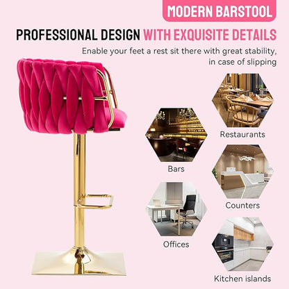 NIOIIKIT Bar Stool Set of 2, Velvet Upholstered Swivel Barstool, Counter Height Chair with Hand Woven Backrest, Dining Barstool with Footrest, Bar Chair for Kitchen Island, Pub (Rose Red)