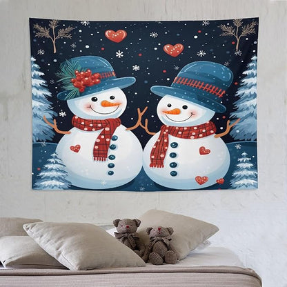 Tapestry Wall Hanging Snowman Couple Tapestry Cute Snowman with Hat And Scarf Tapestry Vintage Aesthetic Tapestries Wall Hanging for Living Room Dorm 60"x80" Tapestries Winter Snowflake Decorative