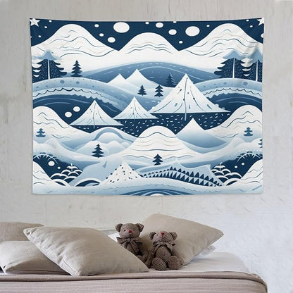 Snow Mountain Scandinavian Winter Tapestry As Wall Art Happy Winter Holiday Tapestry for Bedroom Aesthetic Landscape Tapestry Wall Hanging for Living Room Dorm 60"x80" Christmas Family Party