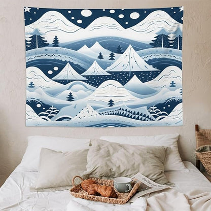Snow Mountain Scandinavian Winter Tapestry As Wall Art Happy Winter Holiday Tapestry for Bedroom Aesthetic Landscape Tapestry Wall Hanging for Living Room Dorm 60"x80" Christmas Family Party
