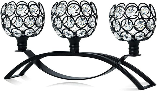Crystal Tealight Candle Holder Centerpiece Home Decorative Candlestick Holder Elegant Table Centerpiece Home Decor Wedding Party Anniversary (Black, 3 Arm)