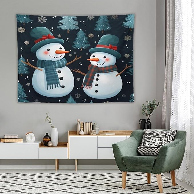 MaSiledy Tapestry Snowman Couple Tapestry Aesthetic Winter Snowflake Cute Cartoon Funny Snowman Wall Tapestries Wall Art Home Decoration for Bedroom Living Room Dorm Landscape 60"x80"