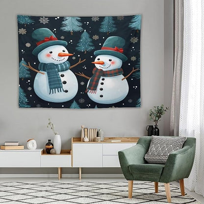 MaSiledy Tapestry Snowman Couple Tapestry Aesthetic Winter Snowflake Cute Cartoon Funny Snowman Wall Tapestries Wall Art Home Decoration for Bedroom Living Room Dorm Landscape 60"x80"