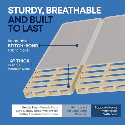 Nutan Inch Sturdy Box Spring for Mattress Support-Durable and Fully Assembled, Natural Wood Full, White, 4" Foundation