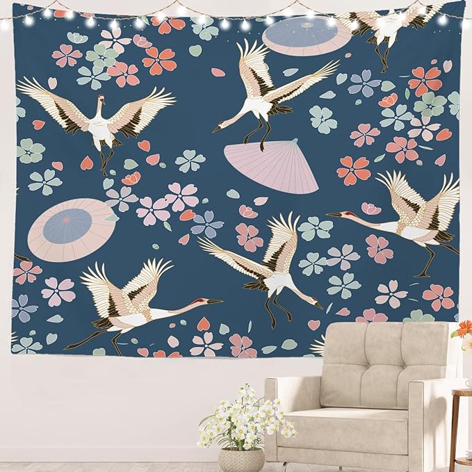 Batmerry Navy Blue Japanese Cherry Tapestry, Oriental Wall Art Hanging Decoration Polyester Fiber White Ruffled Around For Dorm Room Bedroom Living Room, 30 X 40 Inches