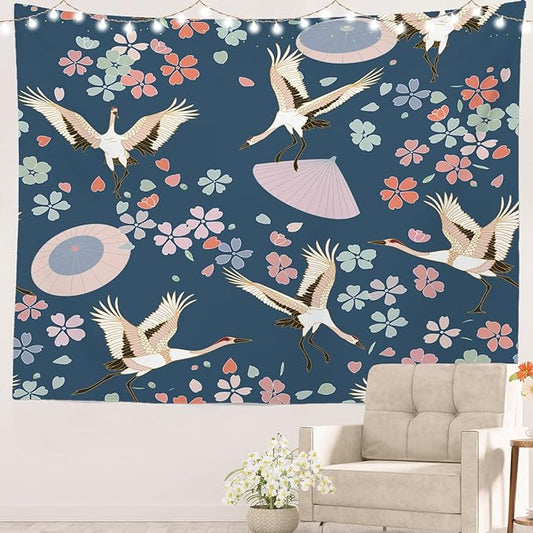Batmerry Navy Blue Japanese Cherry Tapestry, Oriental Wall Art Hanging Decoration Polyester Fiber White Ruffled Around For Dorm Room Bedroom Living Room, 30 X 40 Inches