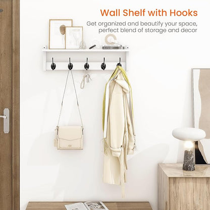 Homode Coat Rack with Wall Shelf and Hooks - 24 Inch Long, Wooden Hanging Coat Hanger with Hat Shelf for Entryway, Bathroom, Mudroom, White
