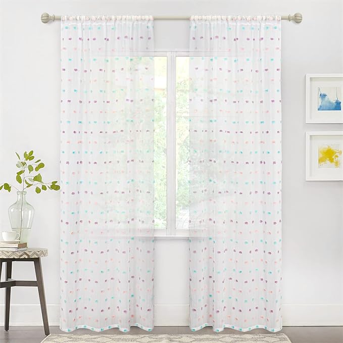 MYSKY HOME 72 Inch Long Pom Pom Sheer Curtains for Boys Bedroom Rainbow Curtain for Baby Nursery Door 2 Panels Light Filtering Rod Pocket Semi Window Drapes 38 x 72 Inch