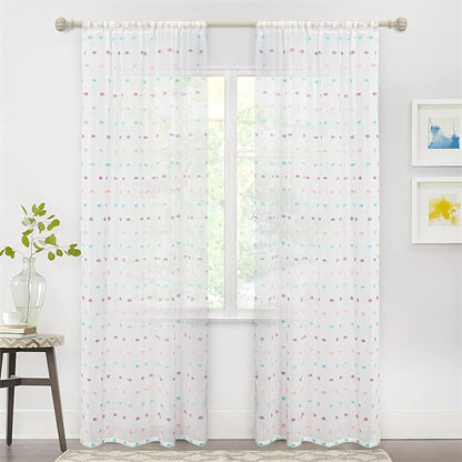 MYSKY HOME 72 Inch Long Pom Pom Sheer Curtains for Boys Bedroom Rainbow Curtain for Baby Nursery Door 2 Panels Light Filtering Rod Pocket Semi Window Drapes 38 x 72 Inch