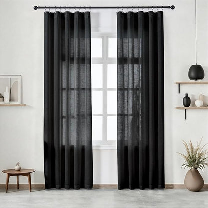 Black Curtains Semi Sheer 90 Inches Long, Linen Textured Light Filtering Drapes for Living Room Bedroom, Dark Moody Modern Farmhouse Window Decor, Pinch Pleat Curtain with Hooks