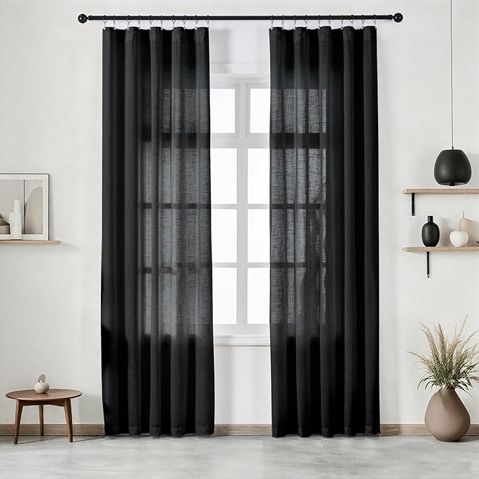 Black Curtains Semi Sheer 84 Inches Long, Linen Textured Light Filtering Drapes for Living Room Bedroom, Dark Moody Modern Farmhouse Window Decor, Pinch Pleat Curtain with Hooks