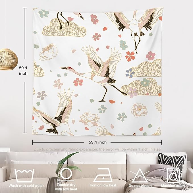 Batmerry White and Gold Japanese Tapestry,Rustic Wall Art Hanging Decoration Polyester Fiber White Ruffled Around for Dorm Room Bedroom Living Room, 59.1x59.1 inches