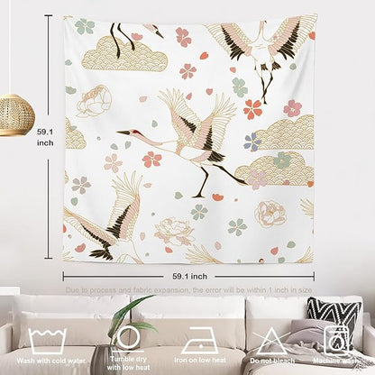 Batmerry White and Gold Japanese Tapestry,Rustic Wall Art Hanging Decoration Polyester Fiber White Ruffled Around for Dorm Room Bedroom Living Room, 59.1x59.1 inches