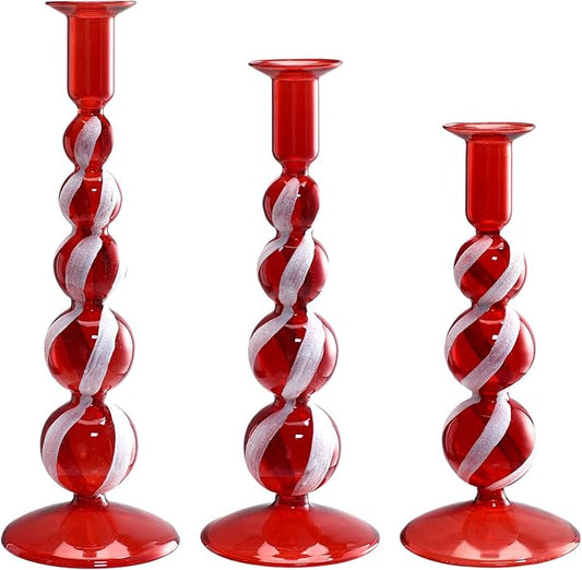 Mumufy 3 Pcs Red and White Christmas Glass Candlestick Holders Christmas Ball Glass Taper Candle Holder Stick Decor for Xmas Holiday Wedding Home Table Centerpiece