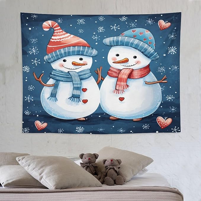 MaSiledy Tapestry Snowman Couple Tapestries for Bedroom Aesthetic Christmas Cute Snowman Tapestry As Wall Art Wall Hanging Decor for Bedroom Landscape 60"x80" Xmas Wall Hanging Polyester Tapestries