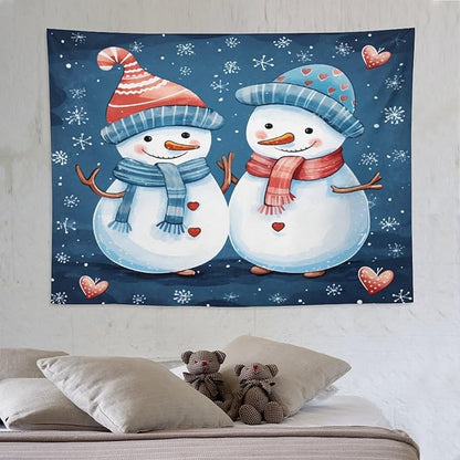 MaSiledy Tapestry Snowman Couple Tapestries for Bedroom Aesthetic Christmas Cute Snowman Tapestry As Wall Art Wall Hanging Decor for Bedroom Landscape 60"x80" Xmas Wall Hanging Polyester Tapestries
