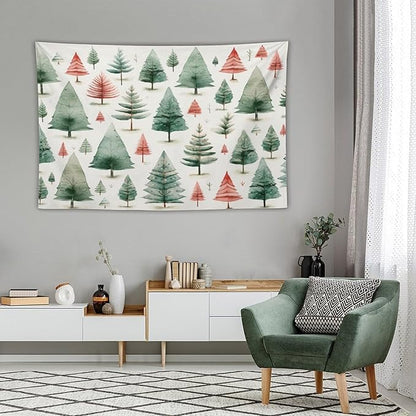 Vintage Christmas Tree Watercolor Wall Tapestry Winter Holiday Wall Hanging Wall Tapestry Aesthetic Landscape Tapestry Wall Decor for Bedroom Living Room Dorm 40"x60" Christmas Family Party