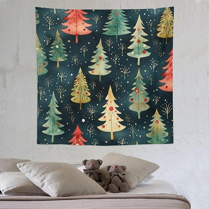 Tapestry Wall Hanging Vintage Christmas Tree Watercolor Tapestry Christmas Holiday Tapestry Aesthetic Wall Art Decor for Bedroom Living Room Dorm 60"x60" Tapestries Winter Snowflake Decorative